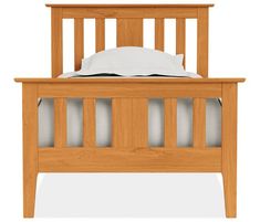 a wooden bed frame with white sheets and pillows on it's headboard, against a white background