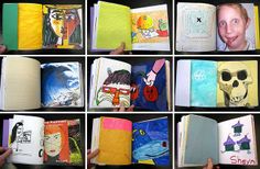 many children's books are open to show their drawings and pictures on the pages