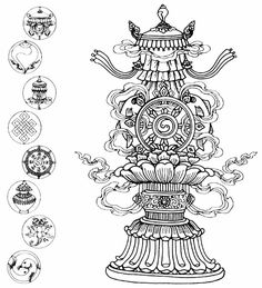 an intricately designed vase with many designs on the front and side, surrounded by other decorative elements