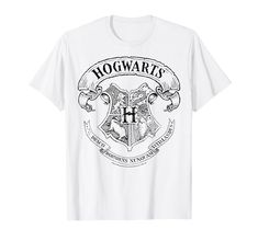 a white t - shirt with hogwarts crest on it