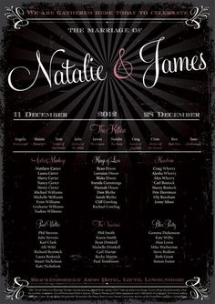 a black and white poster with the names of wedding ceremonys on it's side