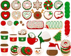 a variety of christmas cookies, hot chocolates and other holiday treats are arranged on a white background