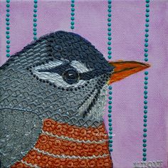 a close up of a painting of a bird with beaded beads on it's face