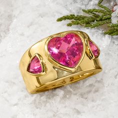 Ross-Simons - 5.50 ct. t. w. Pink Topaz Heart Ring in 18kt Gold Over Sterling. Size 5. Bejeweled with a 4.50 carat heart-shaped pink topaz and two more triangular 1.00 ct. t. w. gems, this flashy ring gives off a fun and flirtatious vibe! Makes for a striking first impression on date night. Set in 18kt yellow gold over sterling silver. 1/2" wide. Pink topaz heart ring. Raspberry Wine, Heart Gem, Night Set, Fire Ring, Gold Heart Ring, On Date, Diamond Heart Ring, Gold Rings Fashion, Rings Fashion