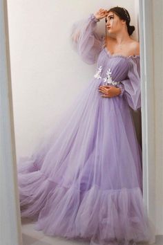 Puffy Long Sleeves Lavender Tulle A-line Ball Gown Prom Dress Purple, Tulle Formal Dress, Tulle Long Prom Dress, Maternity Dresses For Baby Shower, Purple Tulle, Sleeved Wedding, A Line Evening Dress, Long Sleeve Prom, Gown Photos