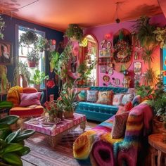 a living room filled with lots of furniture and potted plants on top of it