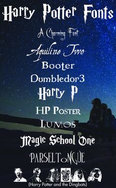 the harry potter font is shown in front of a night sky with stars above it