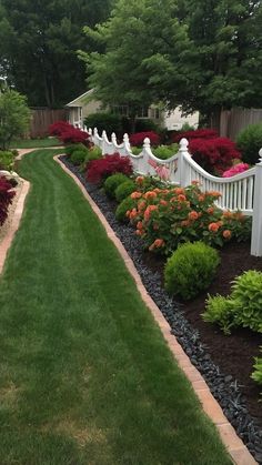 a white picket fence surrounded by lush green grass and colorful flowers in the front yard