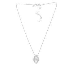 Doris Panos Sterling Silver Daphne CZ Necklace Get ready for romance with this sparkling, sterling silver CZ drop necklace. Bead-textured details and your choice of clear, blue or pink CZs make this delightful piece a great choice for chic, sophisticated dressing.       Necklace approx. 17-3/4"L x 1/16"W with 3" extender     Drop approx. 1"L x 5/8"W     Stamped .925; rhodium plating     Lobster claw clasp     Oval link chain necklace has marquise-shaped drop with open, starburst design inside Elegant Silver Teardrop Pendant Chain Necklace, Cubic Zirconia Filigree Necklace As A Gift, Cubic Zirconia Filigree Necklace Gift, Filigree Cubic Zirconia Necklace Gift, Filigree Cubic Zirconia Necklaces As Gifts, Silver Oval Pendant Necklace For Party, Sparkling Silver Teardrop Pendant Jewelry, Silver Oval Pendant Necklace In Fine Jewelry Style, Elegant Sterling Silver Crystal Necklace With Sparkling Stones