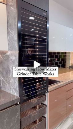 a kitchen with marble counter tops and black metal racks on the wall, along with text overlay that reads showing how mixer grinder table works