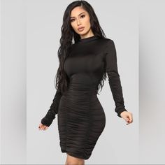 Brand News Great Condition Sexy Stretchy Open Back Fits Great Black Stretch Flirty Bodycon Dress, Black Ruched Bodycon Dress For Night Out, Long Sleeve Dress Long, Ruched Long Sleeve Dress, Mini Dress Long Sleeve, Body Outfit, Dress With Open Back, Ruched Mini Dress, Night Party