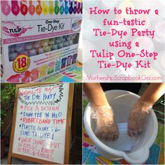 two pictures with the words how to throw a fun - tastic party using a tulip one - step tie - dye kit