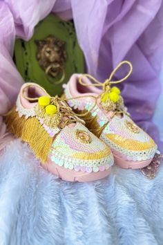 Pink embellished candy tassel bridal sneakers Sneakers Pink, Fashion App, Gold Sequin, Embroidery And Stitching, Modern Bride