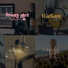 four different microphones with the words pretty girl radio and queen's kitchen on them