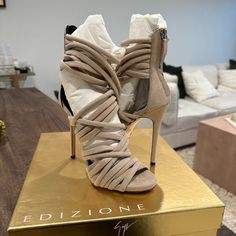 Rare Giuseppe Zanotti Suede Nude Pink Heels From Runway. Excellent Condition. No Wear, No Tears, No Scuffs. It's The Alien 115pol Pl Mig. Tubolare Suede High Heel Cocktail Sandals, Suede High Heel Sandals For Cocktail, High Heel Suede Sandals For Cocktail, Designer High Heels With Wrapped Heel, Designer Suede Sandals For Party, Designer Heels With Wrapped Open Heel, Designer Heels With Wrapped Heel For Events, Suede Ankle Strap Heels For Cocktail, Suede Heels With Ankle Strap For Cocktail