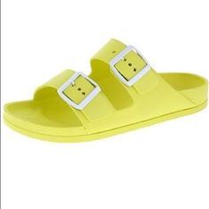 These slide sandals features a soft silicone material, double strap vamp with contrasting buckles hardware, and molded footbed insole. MATERIAL: Silicone (man-made) MEASUREMENT (tested sz 6; approx.): Heel Height: 0.65" (approx) VARIETY: Black, White, Yellow, Coral, Khaki, and Sky Blue CLOSURE: slip-on FIT: True to size Beach Boutique, Black White Yellow, Shoe Boutique, Buckle Sandals, Trendy Shoes, Silicone Material, Shoe Game, Affordable Fashion, Soft Silicone