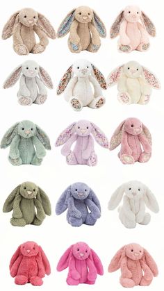 many different colored stuffed animals are shown together