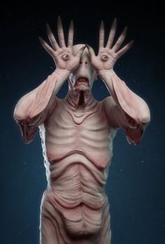 an alien creature with its hands on his head and eyes open, standing in front of a dark background