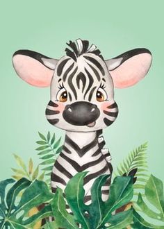 a watercolor painting of a baby zebra surrounded by green leaves on a blue background