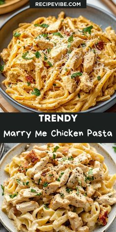 two plates with different types of pasta on them and the words trendy marry me chicken pasta