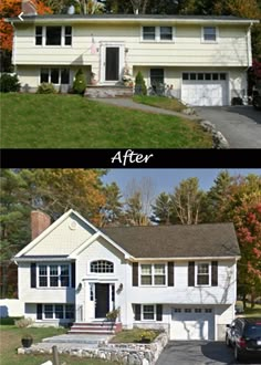 before and after photos of a house in the fall or early winter, with white siding