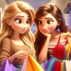 two beautiful young women standing next to each other holding shopping bags