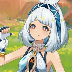 an anime character with white hair and blue eyes pointing to something in her hand while standing on the grass