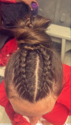 Braid Into Bun Hairstyles Sports, Hair For Track Meets, Wrestling Hair Styles, Lacrosse Hairstyles Short Hair, 2 Dutch Braids Into A Ponytail, Gymnastics Hairstyles For Short Hair, Girls Basketball Hairstyles, Tennis Hairstyles Short Hair, Volleyball Hair Ideas