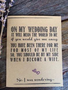 "Welcome! Pin any listing for 10% off! Message me a link to your Pinterest board with this listing and I'll reply with a promo code for you! The listing is for: -One (1) \"On My Wedding Day...\" card that will be mailed to you. Few notes: -Printed on 65 lb medium weight card stock Kraft paper. -Measures 4.25\"x5.5\" when folded. -Inside has message, \"Will you walk me down the aisle?\" -Double plum hearts on front and inside. -Back has my logo. -Includes one (1) A2 envelope (4 3/8\" x 5 3/4\") i Asking Dad To Walk Down Aisle, Wedding Personal Touches, Groomsman Proposal Box, Wedding Invitations Paper, Beauty And Beast Wedding, Walk Down The Aisle, Wedding Exits, Memory Crafts, Groomsmen Proposal