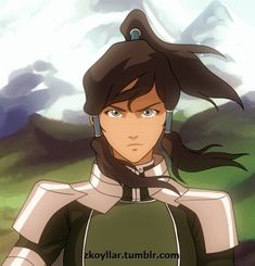 an anime character with long black hair wearing a green and white outfit, looking at the camera