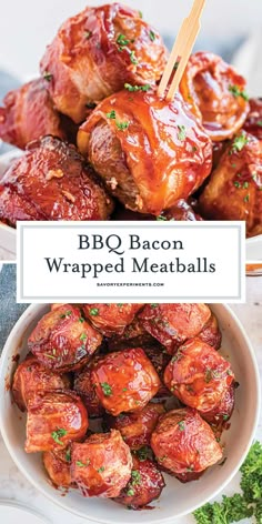 bbq bacon wrapped meatballs in a bowl with chopsticks and parsley