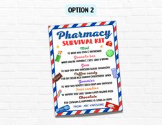 a pharmacy survival kit hanging on a brick wall next to a sign that says, pharmacy survival