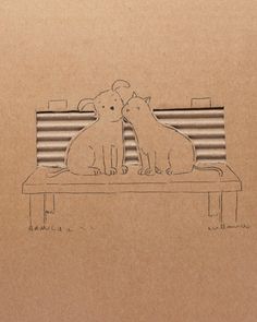 a drawing of two dogs sitting on a bench with their heads touching each other's noses