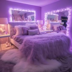 a bedroom with purple lights and fluffy fur on the bed, along with two night stands