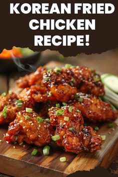 korean fried chicken recipe on a cutting board with chopsticks