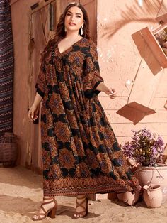 Plus Mandala Print V-neck Smock Dress | EMERY ROSE Plus Sizeknee Length Dresses For Casual Fall, Plus Size Indian Clothes, Ethnic Dress Plus Size, Plus Size Boho Clothing Dresses, Dress For Big Size Woman Casual, Pakistani Dresses For Plus Size Women, Modal Dress, New Fashion Dress, Fall Plus Size