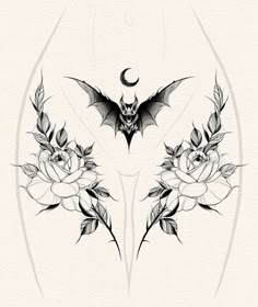 a bat and roses tattoo design on a white background