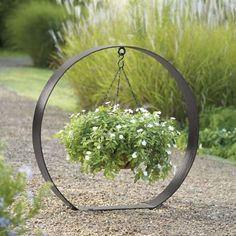 a potted plant is hanging from a circular metal frame in the middle of a gravel path