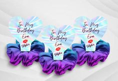 three purple and blue hearts with the words i'm my birthday on them are shown