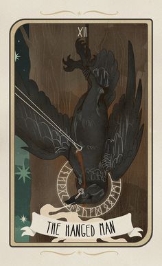 the hanged man tarot card with an image of a black bird on it's back