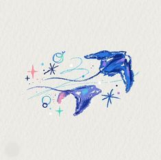 an artistic drawing of a dolphin with stars and bubbles on it's back side