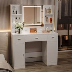 a white vanity with drawers and mirror in a room