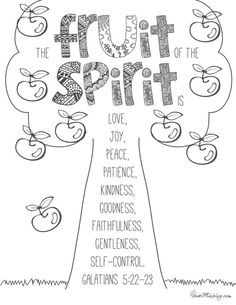 the fruit of the spirit coloring page with an apple tree and words that spell it out