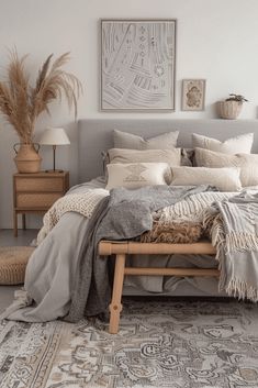 a bed with pillows and blankets on top of it next to a rug in front of a window