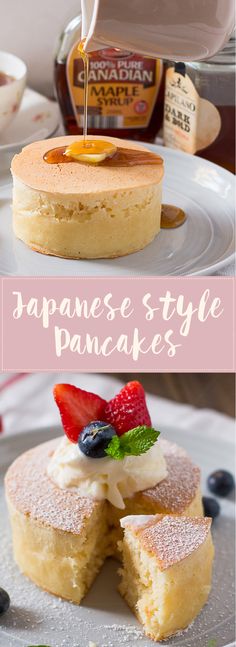 japanese style pancakes with fresh fruit on top and syrup being drizzled over them