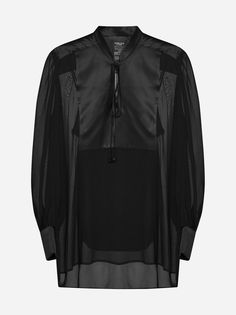 Max Mara Pianoforte's Valido hybrid blouse in black tulle satin silk featuring a mandarin collar, self-tie straps with crystal spheres on the edges, blouson sleeves with buttoned cuffs, side slits and top-lining with spaghetti straps. Composition: 100% silk Black Silk Blouse With Sheer Sleeves, Black Sheer Silk Tops, Sheer Black Silk Blouse, Black Sheer Silk Blouse, Fall Silk Sheer Blouse, Sheer Silk Chiffon Top For Evening, Formal Sheer Silk Blouse, Silk Sheer Blouse For Formal Occasions, Formal Silk Sheer Blouse