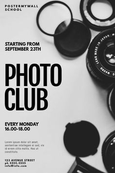 an advertisement for a photo club with black and white items