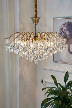 a chandelier hanging from the ceiling in a room