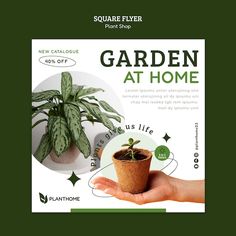 a flyer for a garden shop with a potted plant in the center and hand holding it