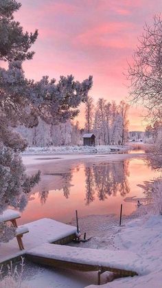 a lake with snow on the ground and trees in the background at sunset or dawn